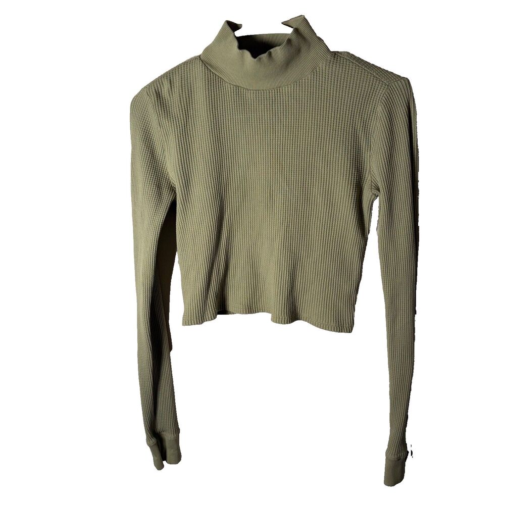 BDG T-Shirt Women's Large Green Thermal Turtleneck Long Sleeve Solid Shirt Top